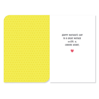 Hallmark Mother's Day Card - A Mother's Heart, open view showing yellow patterned interior and heartfelt message for mum.