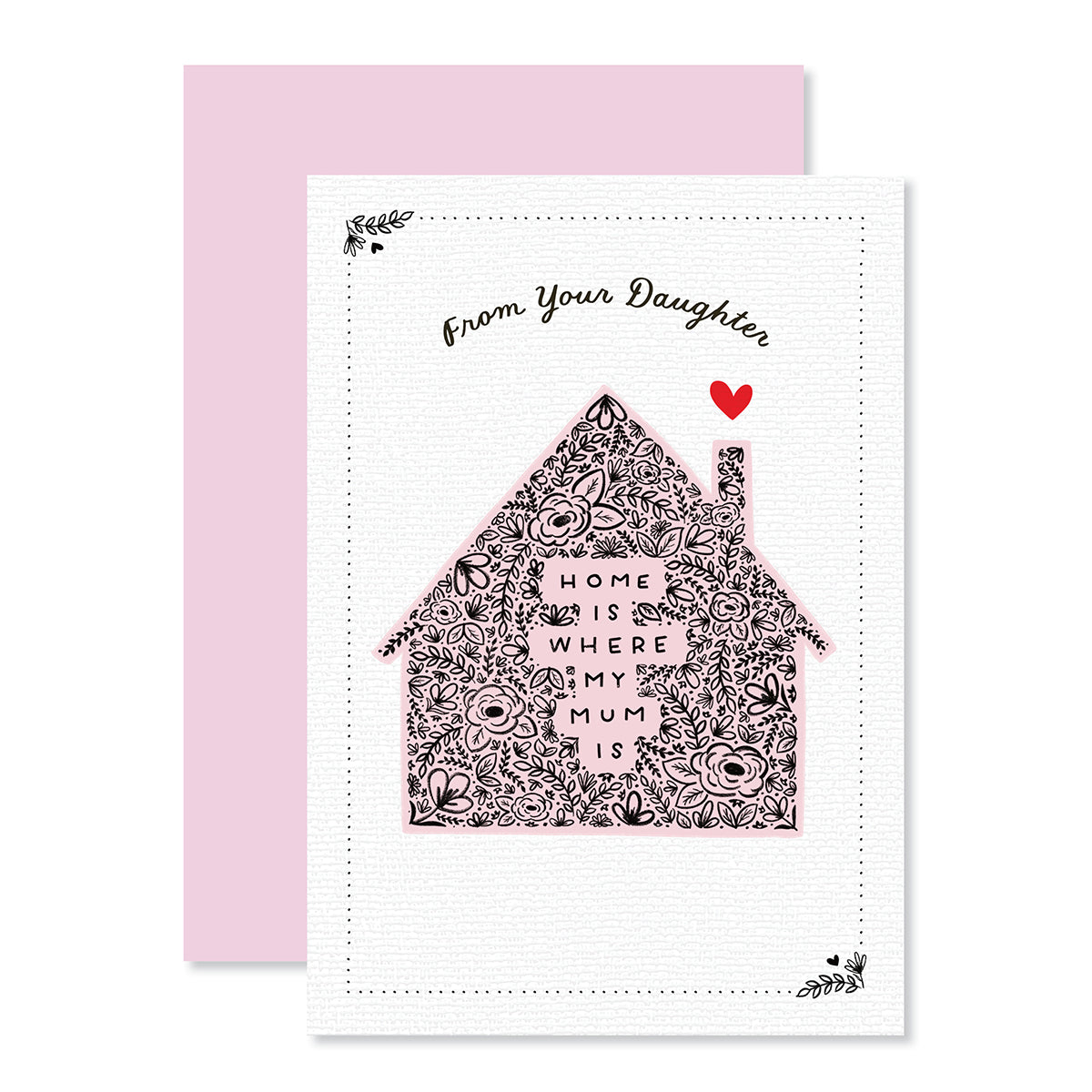 Hallmark Mother's Day card from daughter featuring pink floral house illustration with heart detail, flat lay view.