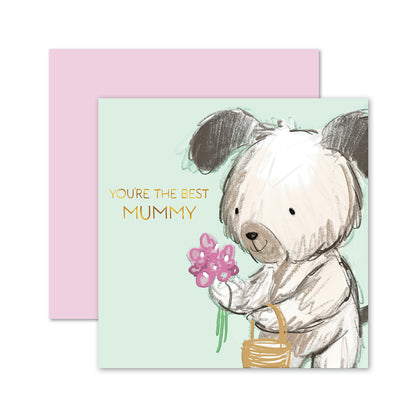 Hallmark Mother's Day Card - The Best Mummy, square card design with an illustration of a dog holding flowers against a green background.