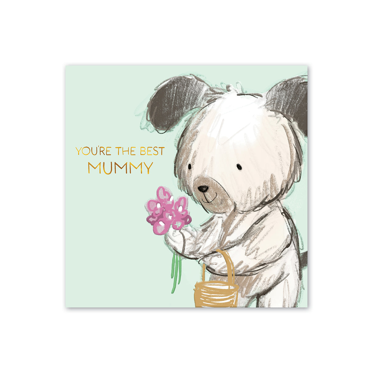 Hallmark Mother's Day Card - The Best Mummy with an illustration of a dog holding flowers, featuring embossed and gold foil elements.