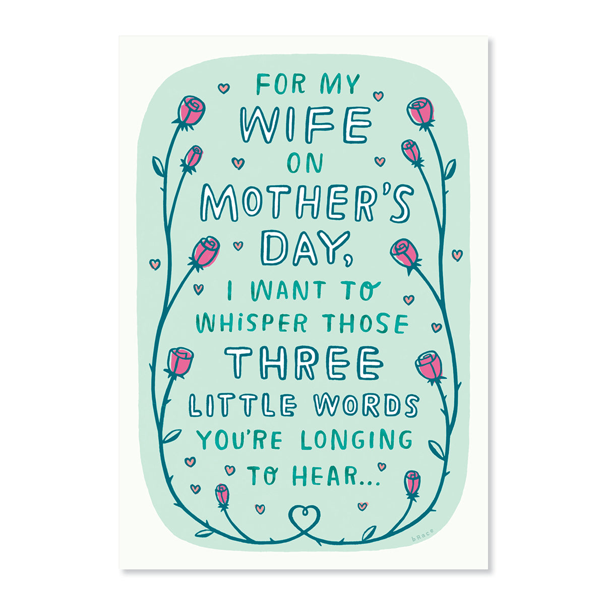 Hallmark Shoebox Mother's Day Card - Three Little Words with illustrations of roses and love hearts, featuring a light blue background.