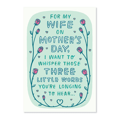 Hallmark Shoebox Mother's Day Card - Three Little Words with illustrations of roses and love hearts, featuring a light blue background.