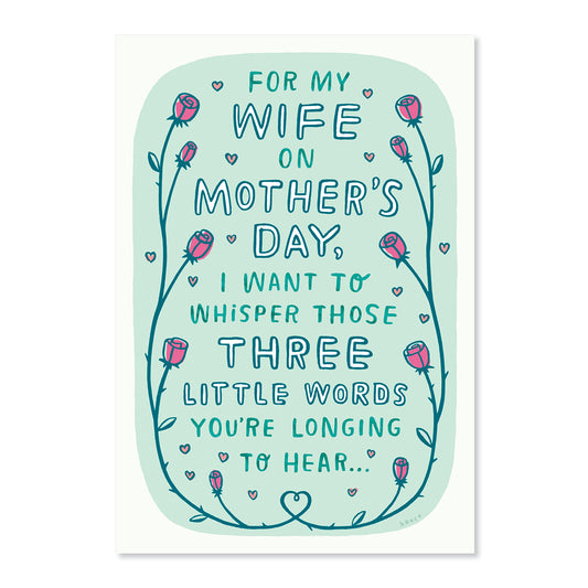 Hallmark Shoebox Mother's Day Card - Three Little Words with illustrations of roses and love hearts, featuring a light blue background.