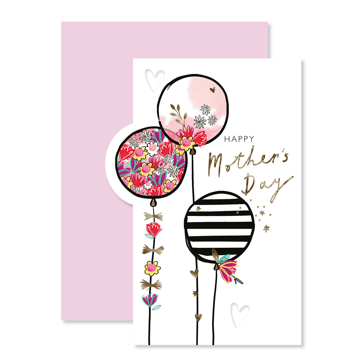 Hallmark Mother's Day Card - With So Much Love featuring gold foil details, floral and striped balloons, on a pink background.