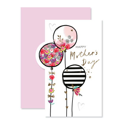 Hallmark Mother's Day Card - With So Much Love featuring gold foil details, floral and striped balloons, on a pink background.