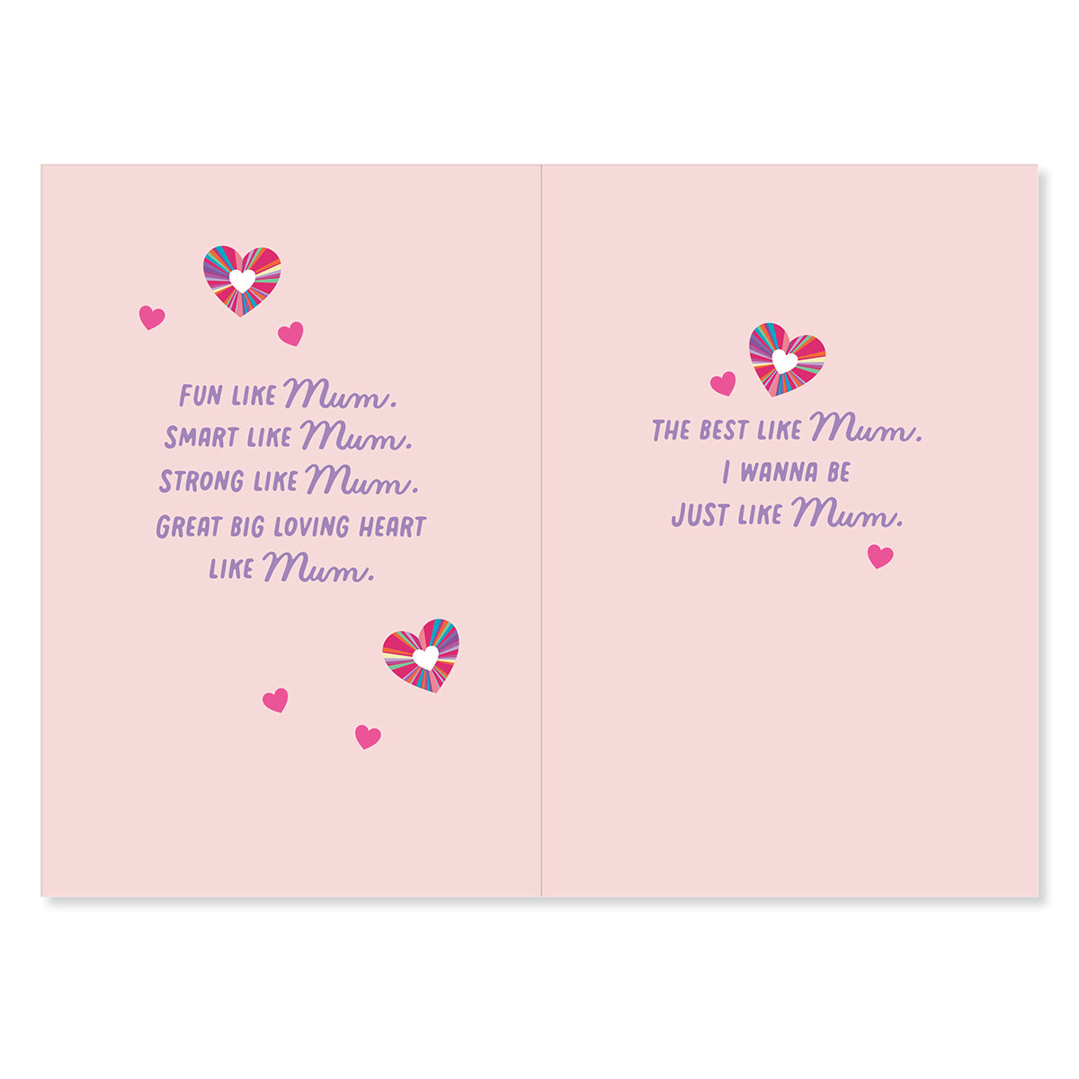 Hallmark Mother's Day Card - Fun. Smart. Strong. Loving. open view showing heartfelt messages and colourful love heart illustrations.