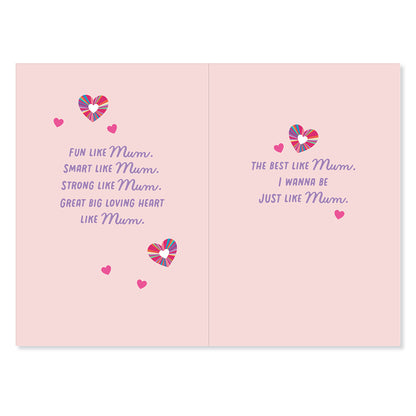Hallmark Mother's Day Card - Fun. Smart. Strong. Loving. open view showing heartfelt messages and colourful love heart illustrations.