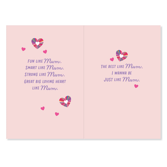 Hallmark Mother's Day Card - Fun. Smart. Strong. Loving. open view showing heartfelt messages and colourful love heart illustrations.