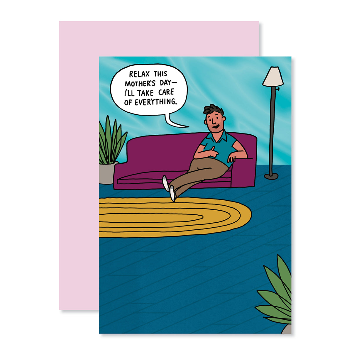 Hallmark Shoebox Mother's Day Card - Dads Help featuring a man on a couch with a playful message and colourful illustration.
