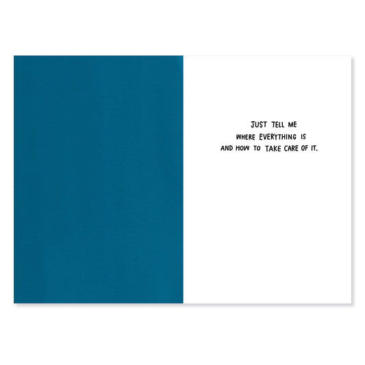 Hallmark Shoebox Mother's Day Card - Dads Help inner message with blue panel and black text saying 'Just tell me where everything is and how to take care of it'