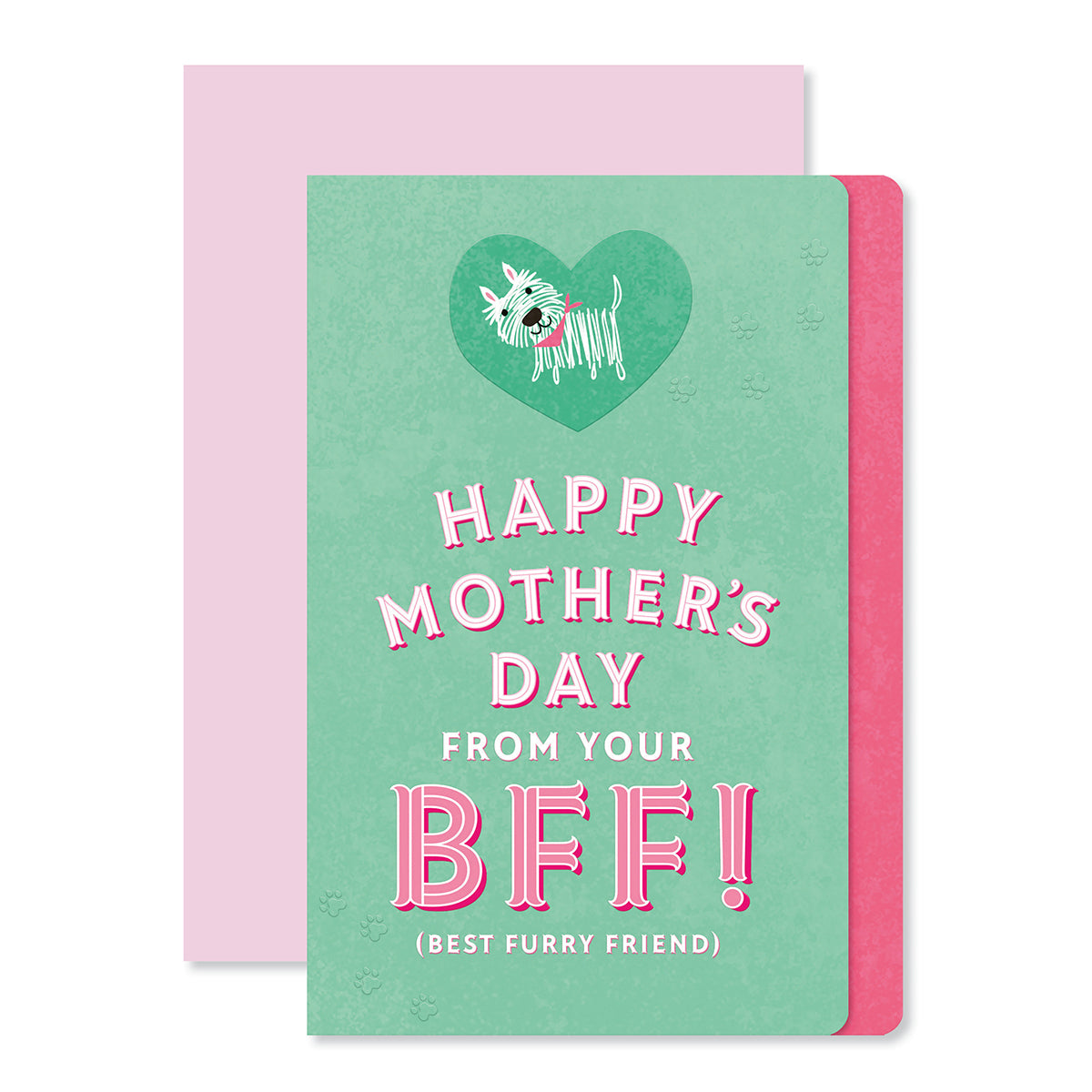 Hallmark Mother's Day card from the dog - Best Furry Friend with pink border and heart illustration of a small white dog.