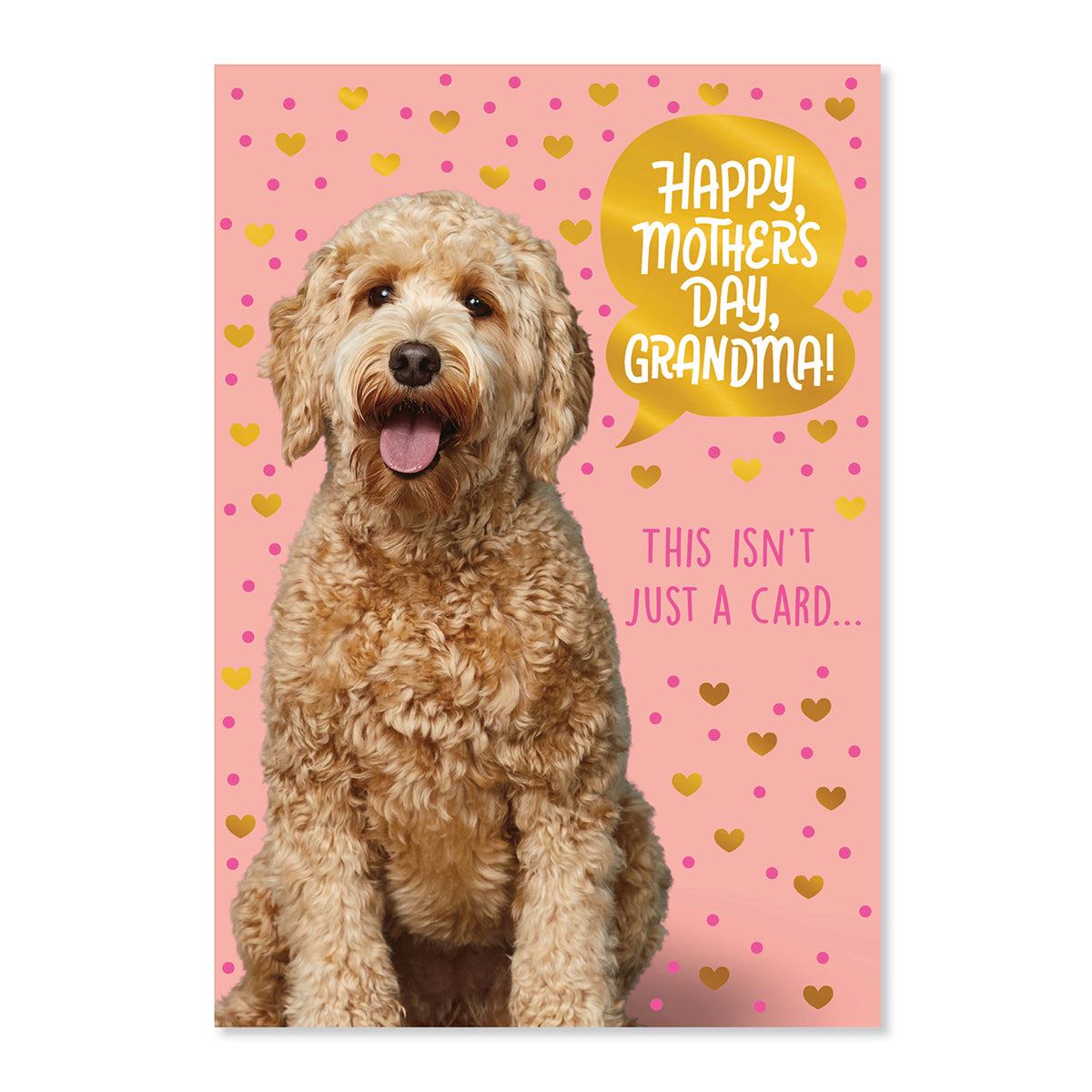 Hallmark Mother's Day Card For Grandma - Awesomest & Kindest, featuring a goldendoodle on a pink background with heart illustrations.