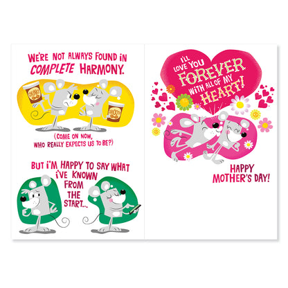 Hallmark Mother's Day Card For Wife - Love You Forever featuring illustrated mouse couple, fun messages, and bright pink and yellow colours in a flat lay view.