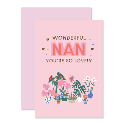 Hallmark Mother's Day Card For Nan - So Lovely featuring colourful potted plants and gold foil highlights on a pink background.