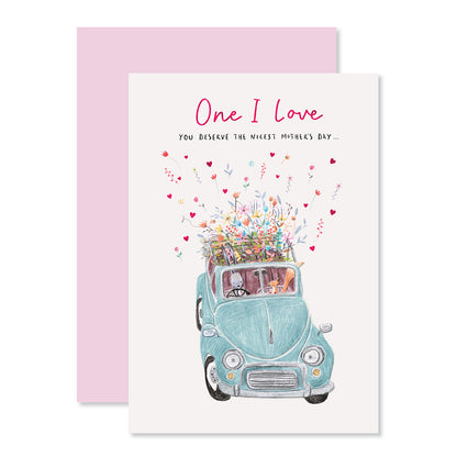 Hallmark Mother's Day Card For One I Love - The Nicest with colourful flower illustration on a car, featuring embossed details and pink foil highlights.