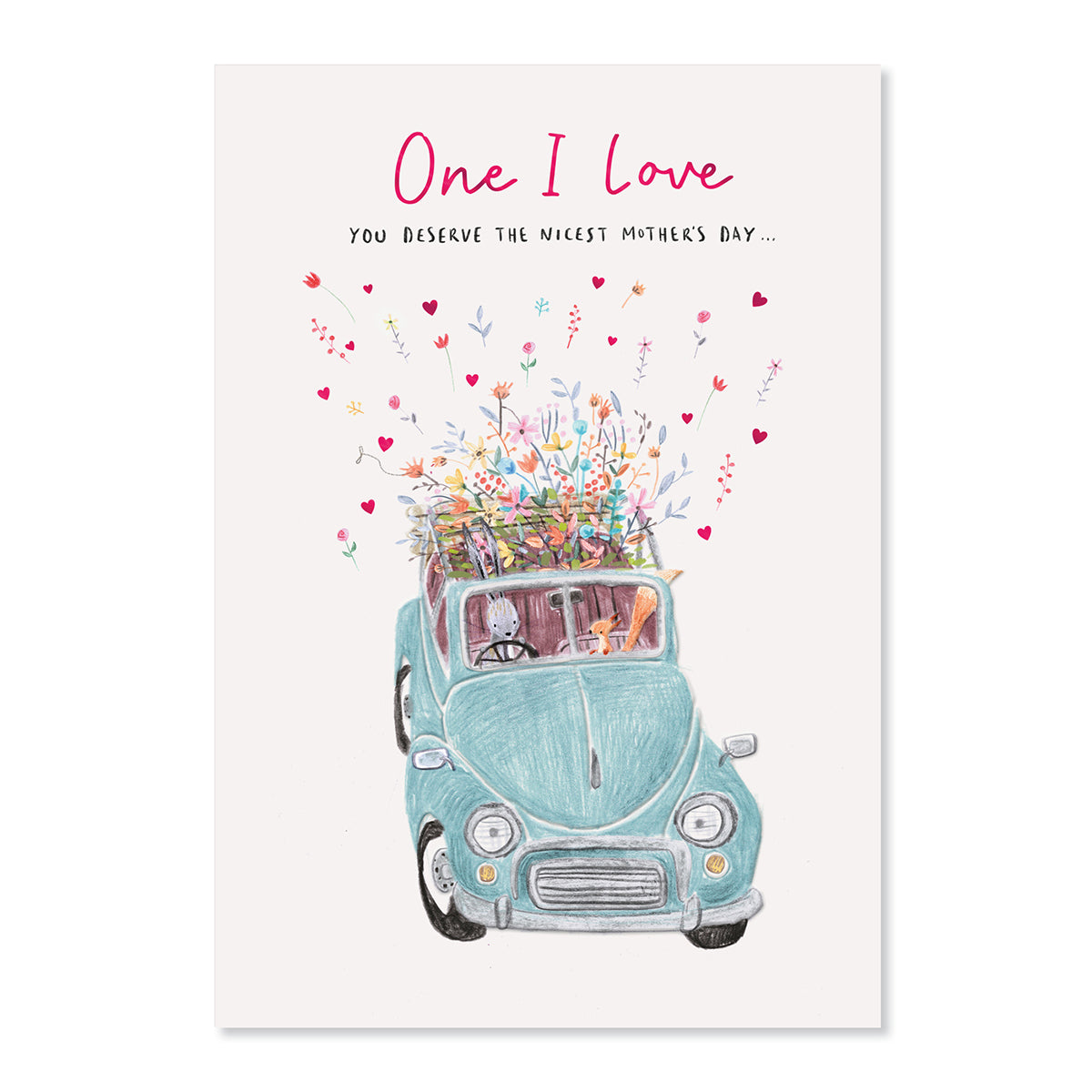 Hallmark Mother's Day Card For One I Love - The Nicest featuring a pastel blue car filled with colourful flowers and hearts.