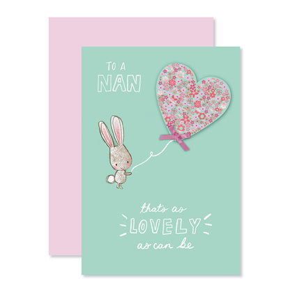 Hallmark Mother's Day Card For Nan - Lovely As Can Be featuring a bunny holding a floral love heart balloon, light blue background.