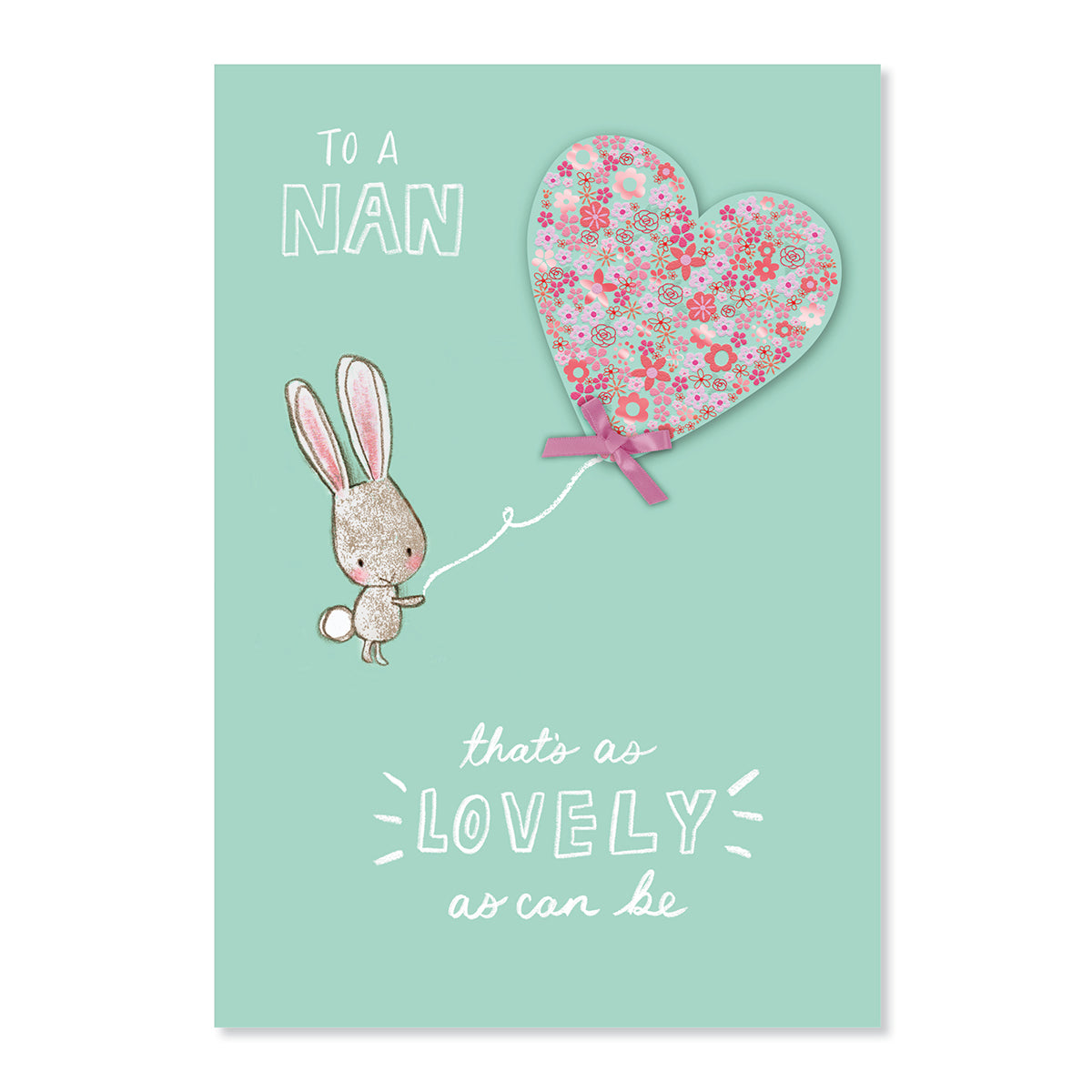 Hallmark Mother's Day Card For Nan - Lovely As Can Be featuring a bunny with a floral love heart balloon, set against a mint background.