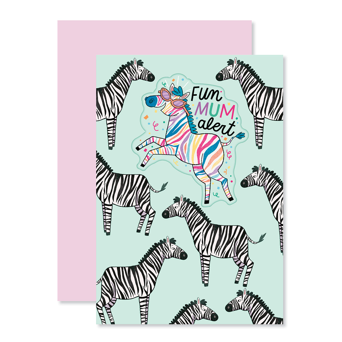 Hallmark Mother's Day Card - Fun Mum Alert featuring colourful zebras on a mint green background with playful illustrations.