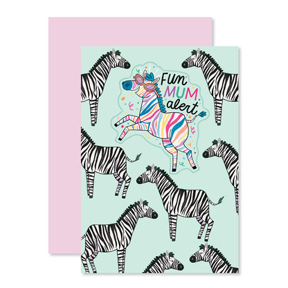 Hallmark Mother's Day Card - Fun Mum Alert featuring colourful zebras on a mint green background with playful illustrations.