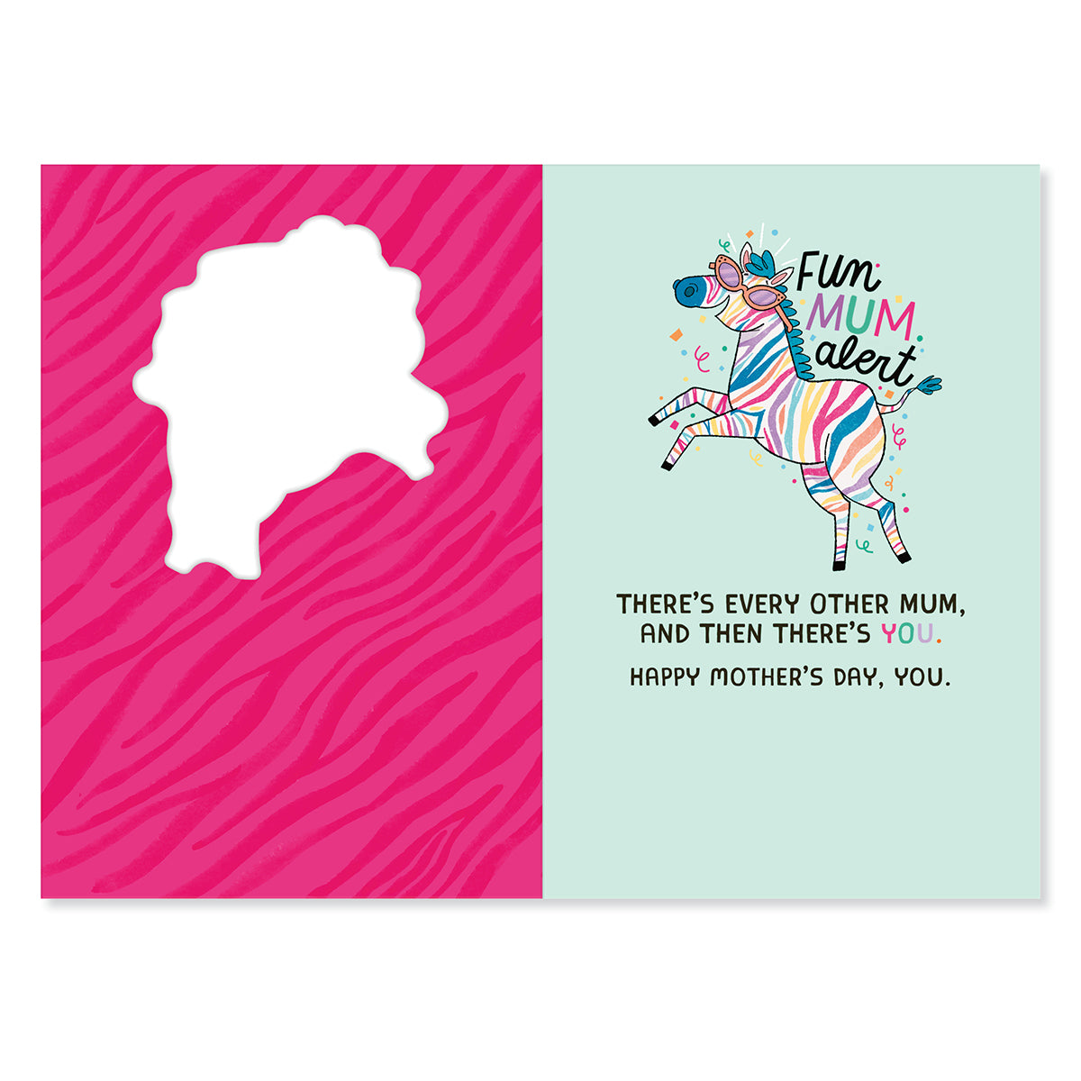 Hallmark Mother's Day Card - Fun Mum Alert, colourful card featuring a rainbow striped zebra and peep hole detail.