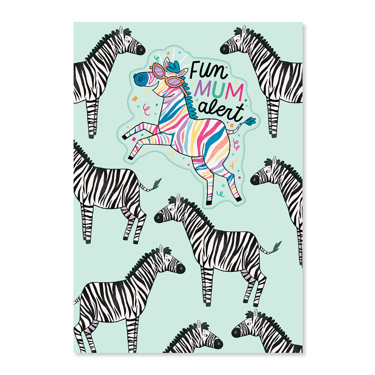 Hallmark Mother's Day Card - Fun Mum Alert featuring colourful zebra illustrations on a mint background with a playful rainbow zebra.