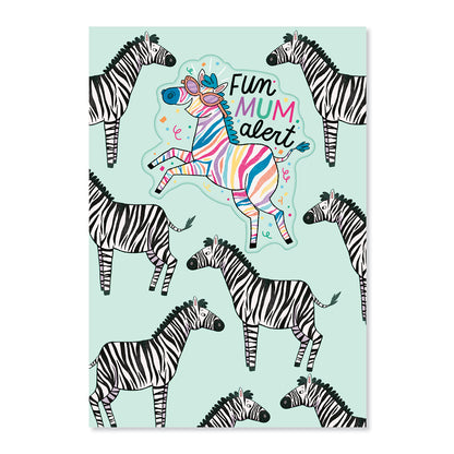 Hallmark Mother's Day Card - Fun Mum Alert featuring colourful zebra illustrations on a mint background with a playful rainbow zebra.