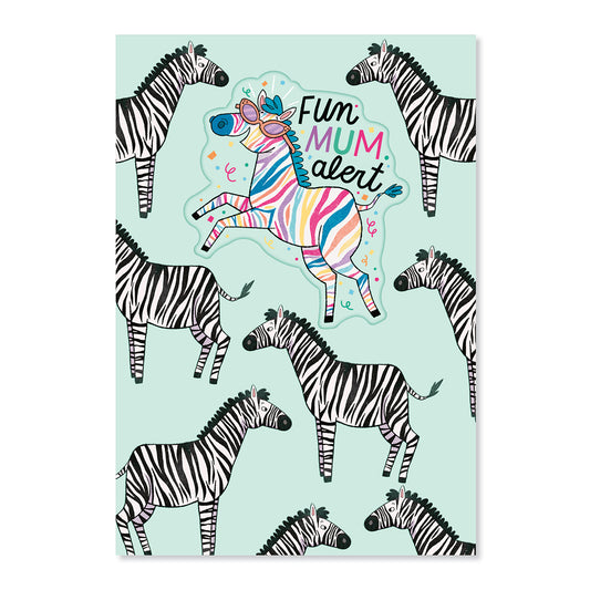 Hallmark Mother's Day Card - Fun Mum Alert featuring colourful zebra illustrations on a mint background with a playful rainbow zebra.