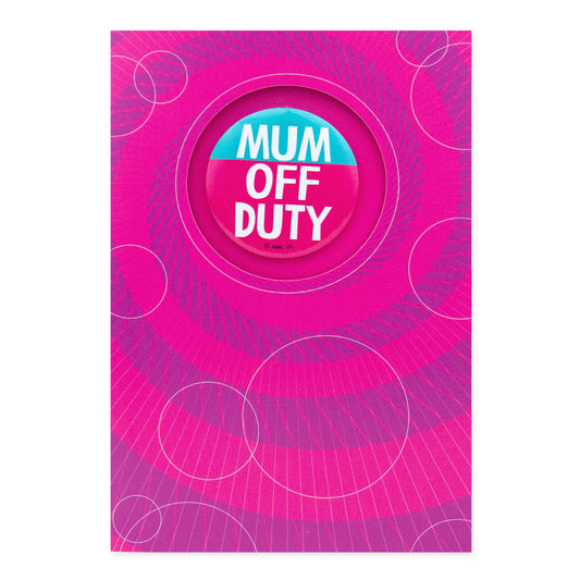 Hallmark Mother's Day Card With Badge - Mum Off Duty, bright pink design, featuring a circular peephole revealing the badge.
