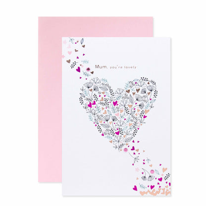 Hallmark Mother's Day Card - You're Lovely in pink and white featuring a floral heart illustration and heartfelt message.