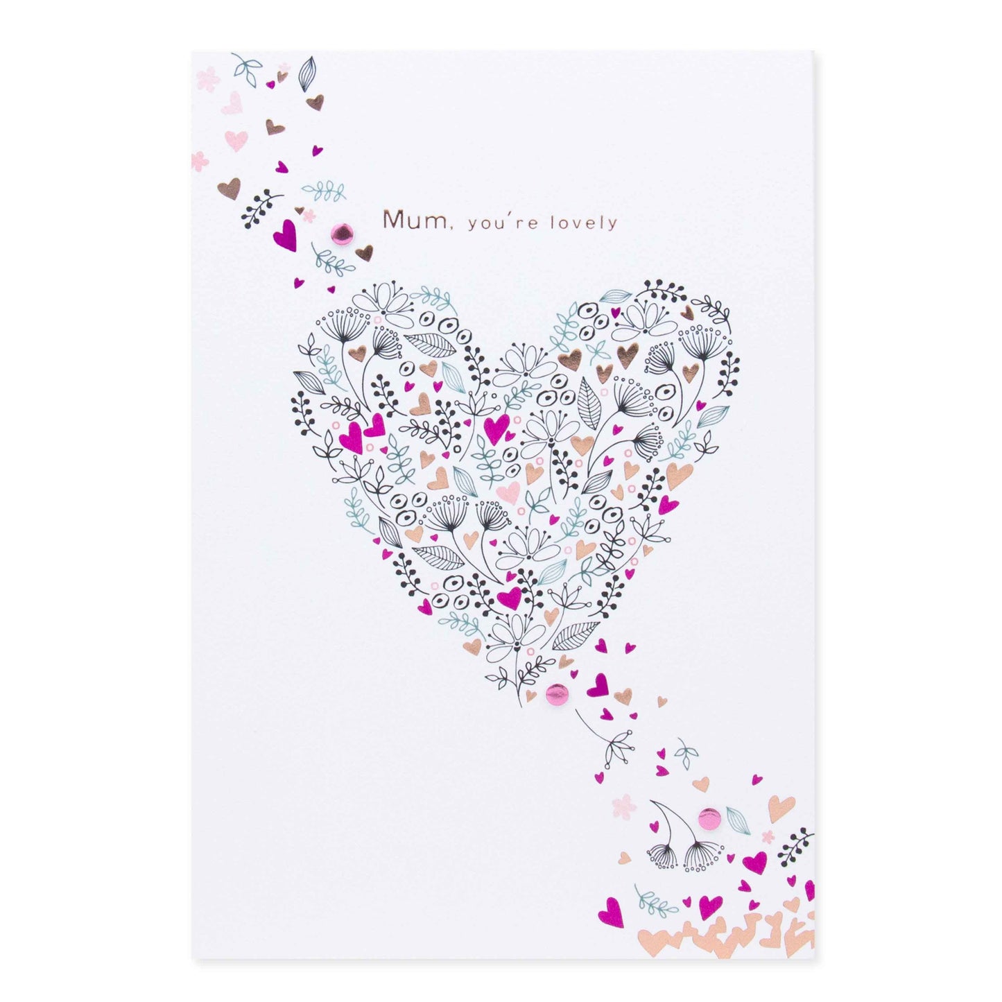 Hallmark Mother's Day Card - You're Lovely featuring a intricate floral heart design in pink and black, embellished with the message 'Mum, you're lovely'.