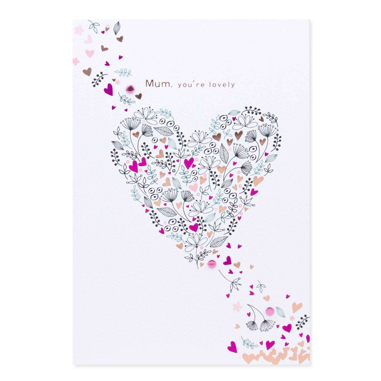 Hallmark Mother's Day Card - You're Lovely featuring a intricate floral heart design in pink and black, embellished with the message 'Mum, you're lovely'.