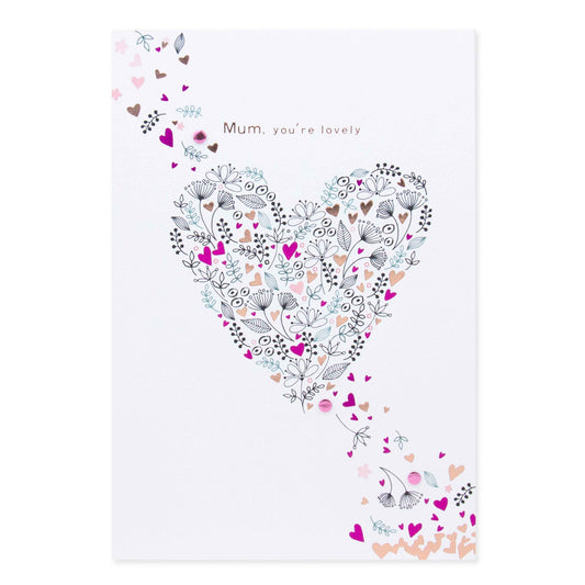 Hallmark Mother's Day Card - You're Lovely featuring a intricate floral heart design in pink and black, embellished with the message 'Mum, you're lovely'.