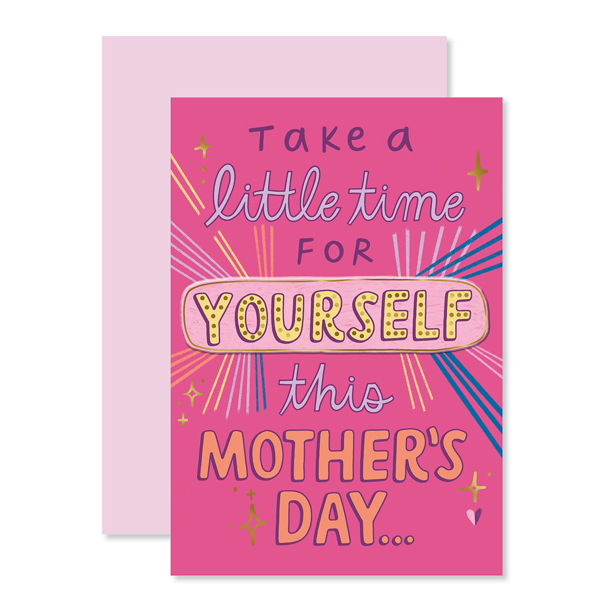Hallmark Mother's Day Card With Removable Door Sign - Take A Little Time, vibrant pink design, front cover featuring gold glitter and stars.