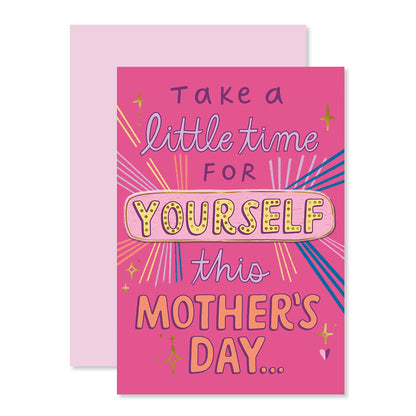 Hallmark Mother's Day Card With Removable Door Sign - Take A Little Time, vibrant pink design, front cover featuring gold glitter and stars.