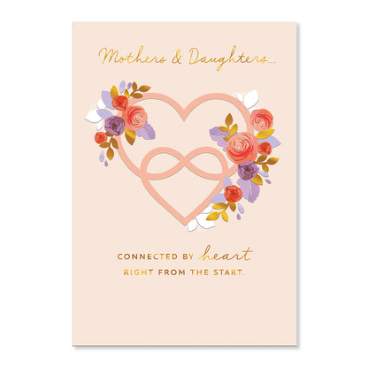 Hallmark Mother's Day Card - Mothers & Daughters with embossed floral heart design and gold foil lettering on a soft pink background.