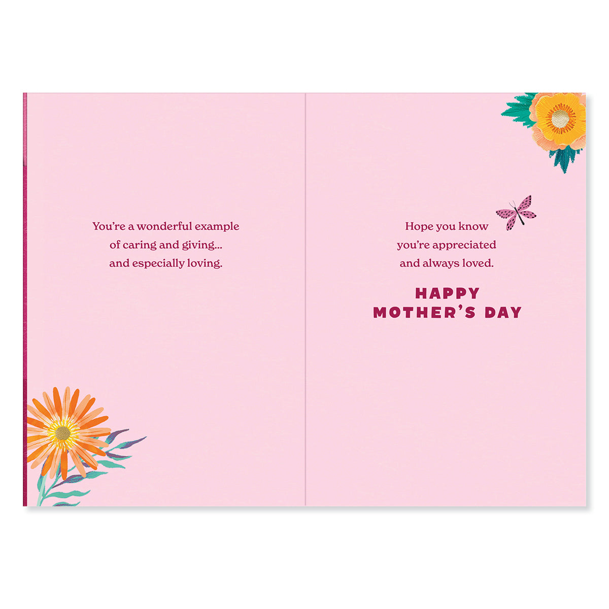 Hallmark Mother's Day Card For Nanna - So Thankful, open card with pink background and floral illustrations, featuring heartfelt messages inside.