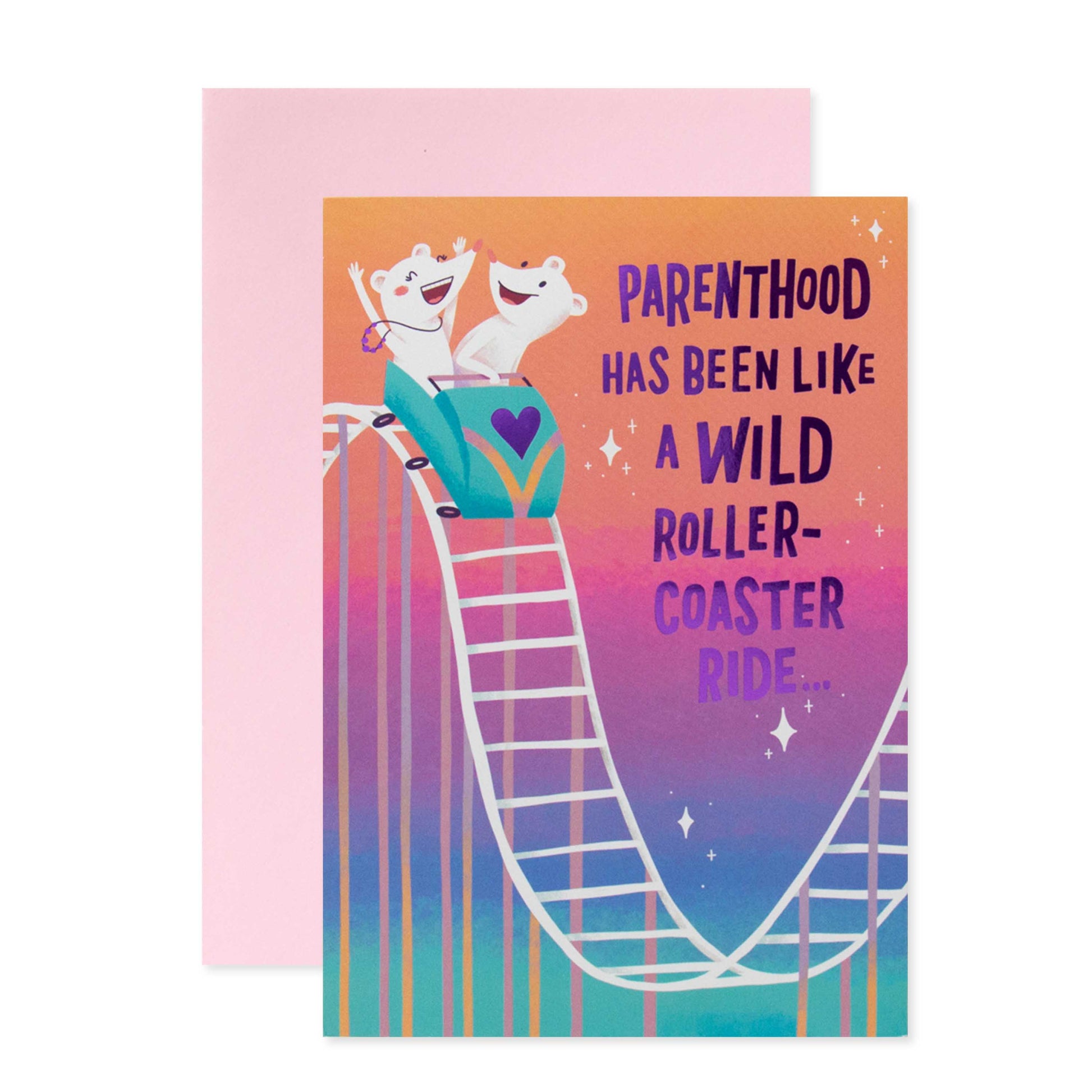 Hallmark Mother's Day card from partner - rollercoaster ride, colourful illustration of bears on rollercoaster with pink background.