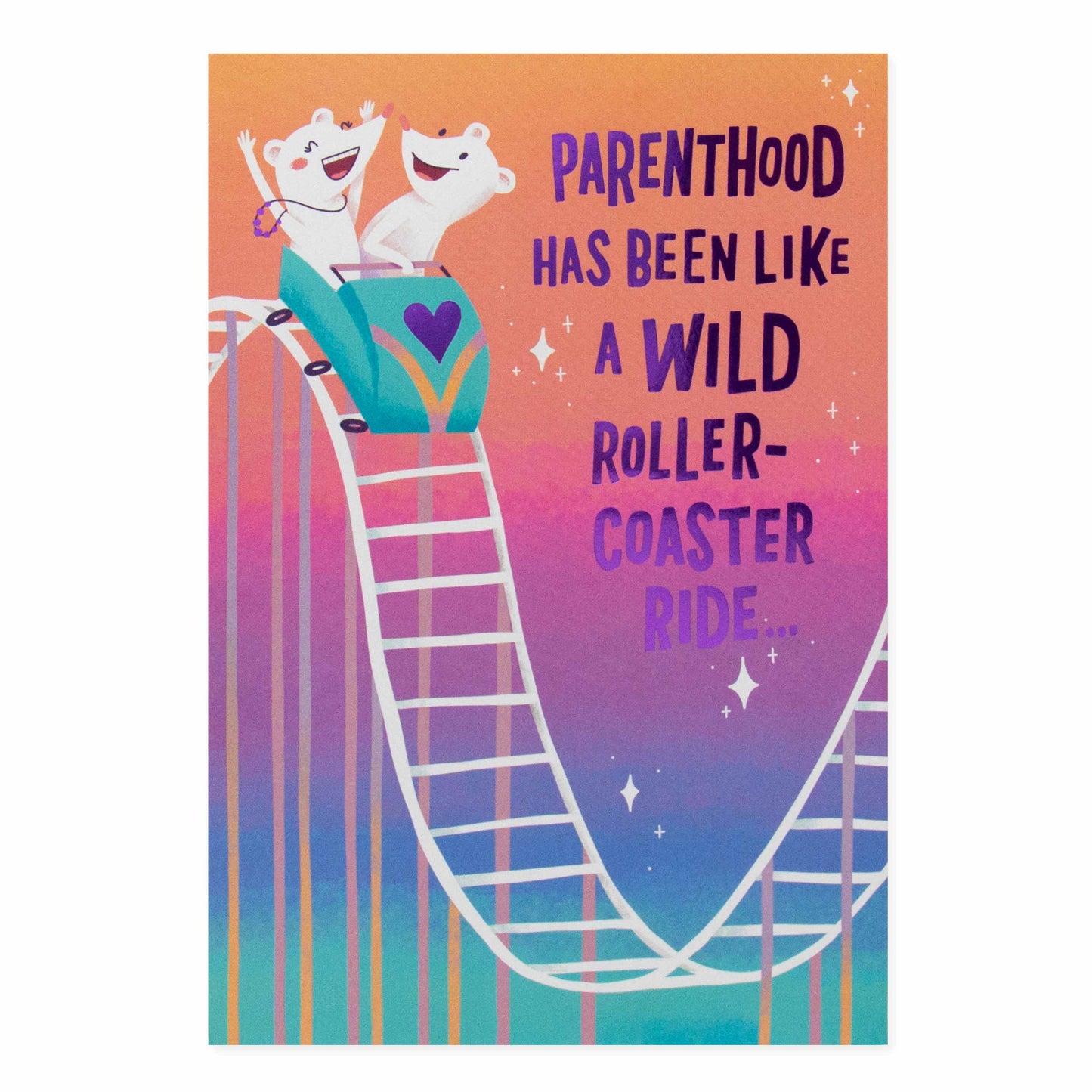 Hallmark Mother's Day card from partner - rollercoaster ride, colourful illustration of two characters on a rollercoaster, 3D pop-up design.