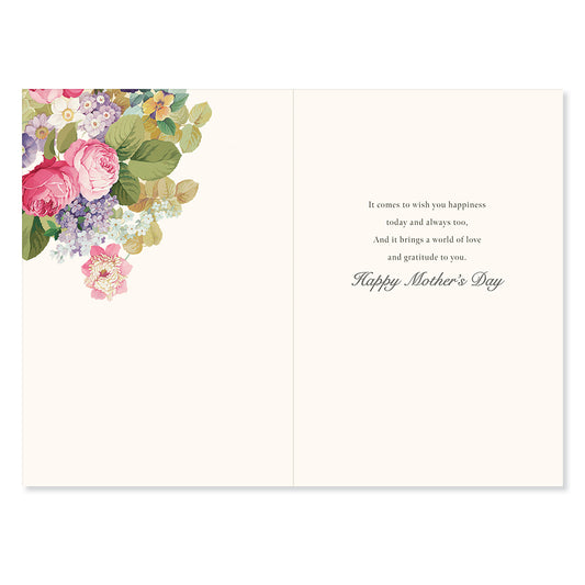 Hallmark Mother's Day Card - Love & Gratitude, internal view with colourful flower illustrations and heartfelt message.