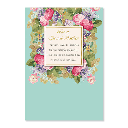 Hallmark Mother's Day Card - Love & Gratitude featuring floral illustrations and gold foil accents on a turquoise background.