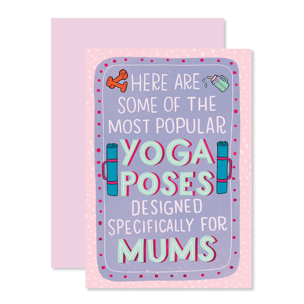 Hallmark Mother's Day Card - Yoga Poses featuring colourful illustrations, pink foil highlights and playful typography on a pastel background.