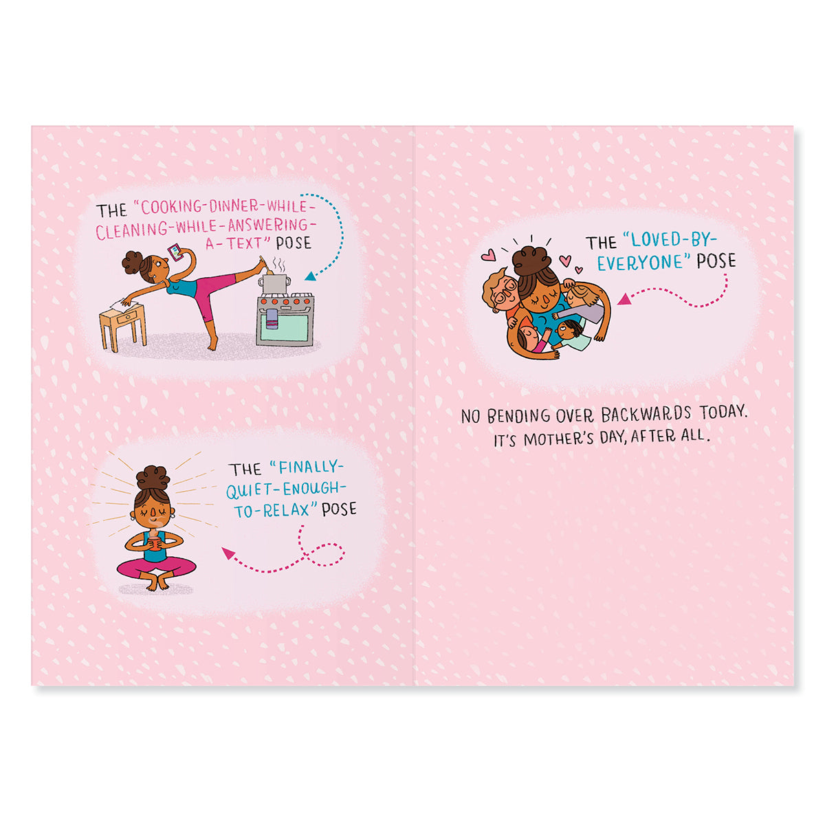 Hallmark Mother's Day Card - Yoga Poses, folded card with illustrations of yoga poses for mothers, pink and colourful details.