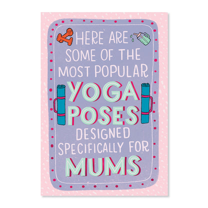 Hallmark Mother's Day Card - Yoga Poses with pink foil highlights and illustrations of yoga mats and dumbbells.