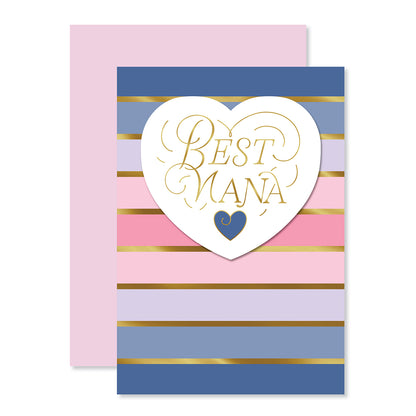 Hallmark Mother's Day Card For Nana - Best Nana with gold foil heart design and pastel striped background, flat lay view.