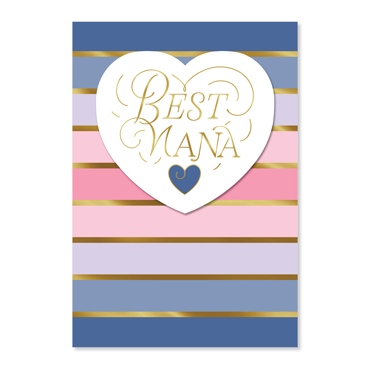 Hallmark Mother's Day Card For Nana - Best Nana featuring gold foil highlights, a heart design and pastel stripes in a flat lay presentation.
