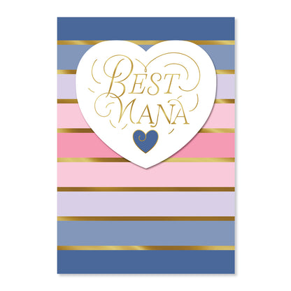 Hallmark Mother's Day Card For Nana - Best Nana featuring gold foil highlights, a heart design and pastel stripes in a flat lay presentation.