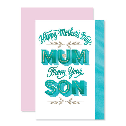 Hallmark Mother's Day Card From Son - So Thankful with blue foil lettering and pink background in flat lay view.