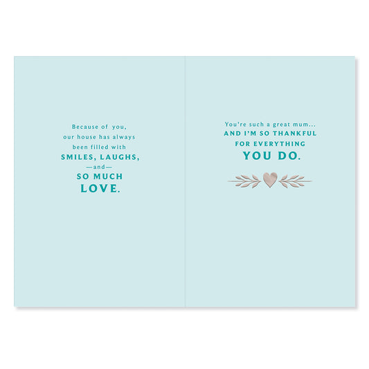 Hallmark Mother's Day Card From Son - So Thankful, inside message in blue text on light blue background with heart detail.