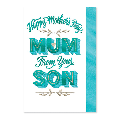 Hallmark Mother's Day Card From Son - So Thankful featuring teal and gold foil typography, close-up view of card design.